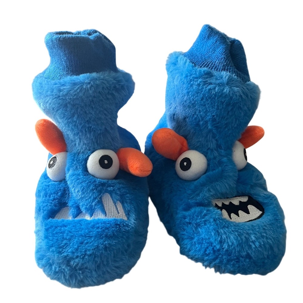 Cat & Jack Blue Monster Plush Slippers Novelty Faux Fur Booties Size L 9-10